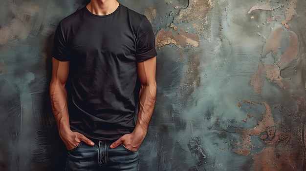 Young mans body in empty black tshirt on textured concrete wall background