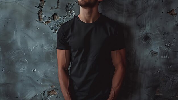 Young mans body in empty black tshirt on textured concrete wall background