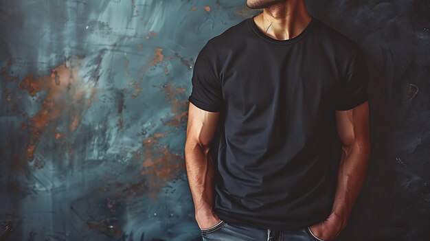 Young mans body in empty black tshirt on textured concrete wall background