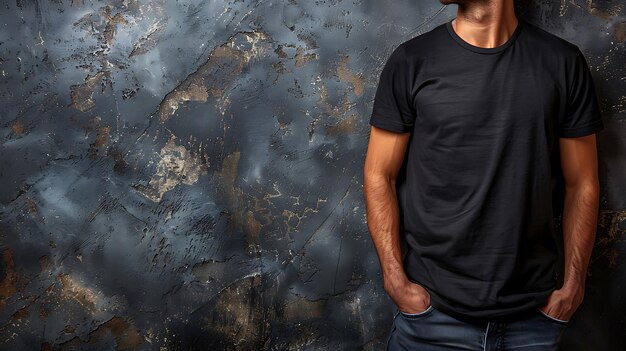 Young mans body in empty black tshirt on textured concrete wall background