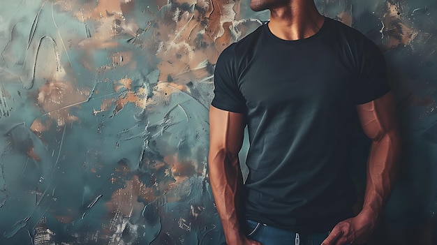 Young mans body in empty black tshirt on textured concrete wall background