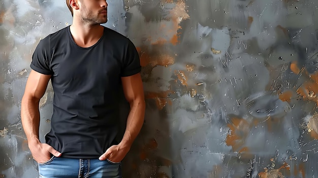 Young mans body in empty black tshirt on textured concrete wall background