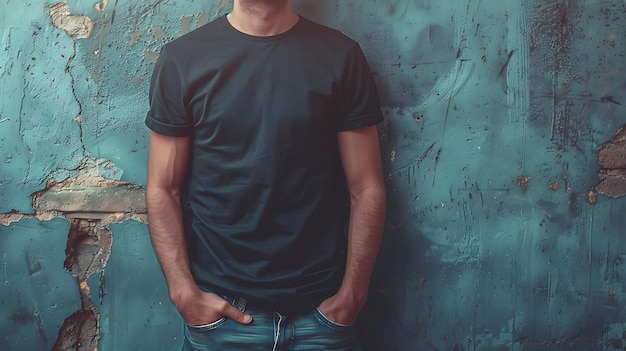 Young mans body in empty black tshirt on textured concrete wall background