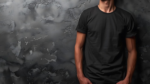 Young mans body in empty black tshirt on textured concrete wall background