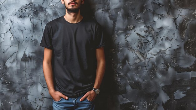 Young mans body in empty black tshirt on textured concrete wall background