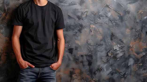 Photo young mans body in empty black tshirt on textured concrete wall background