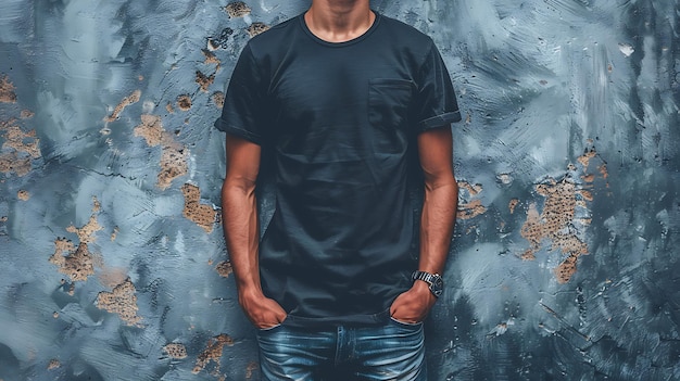 Young mans body in empty black tshirt on textured concrete wall background