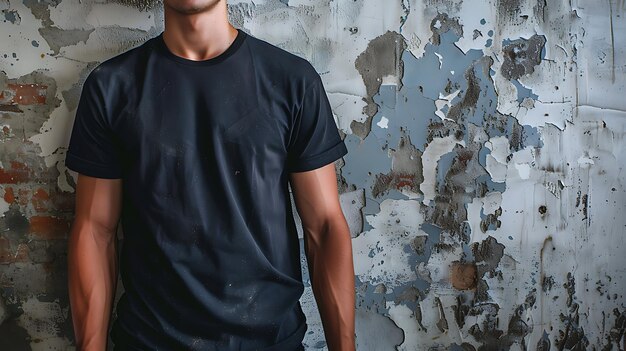 Young mans body in empty black tshirt on textured concrete wall background