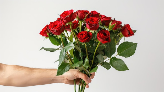 A young mans hand offers a bouquet of red roses cropped isolated on whitephoto ar 169 stylize 250 Job ID 4d0dfc0b11e54bcf8bf2fa9530ce389d