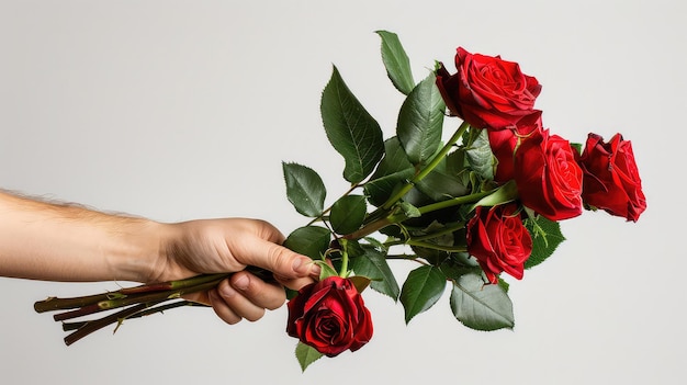 A young mans hand offers a bouquet of red roses cropped isolated on whitephoto ar 169 stylize 250 Job ID 960411edbe484d95a335dc92d7d12f99