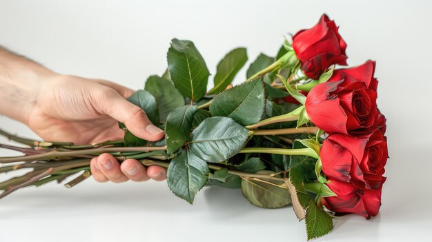 A young mans hand offers a bouquet of red roses cropped isolated on whitephoto ar 169 stylize 250 Job ID 960411edbe484d95a335dc92d7d12f99