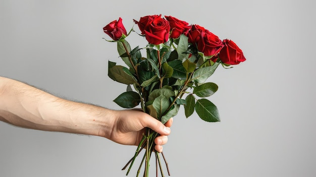 A young mans hand offers a bouquet of red roses cropped isolated on whitephoto ar 169 stylize 250 Job ID b0b159e542494bc1abd570b2592a83d5