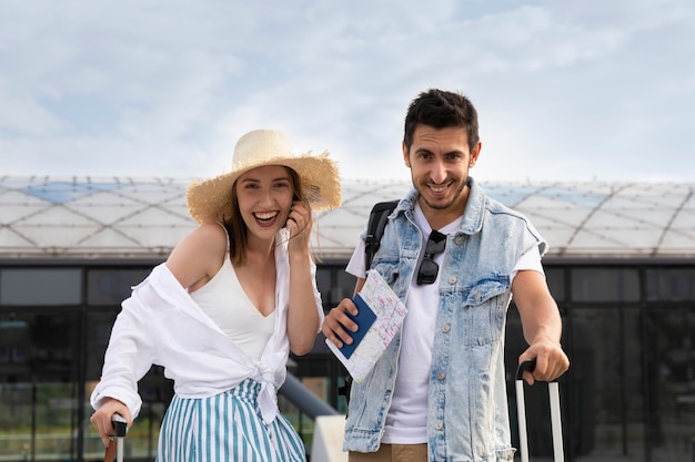 Young married couple at the train station.