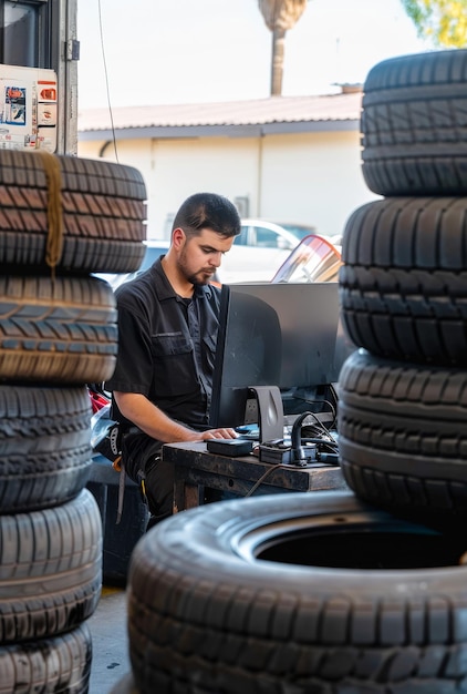 Young mechanic is working on laptop in his garage between stacks of tires