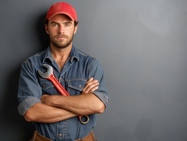 Young mechanic in uniform with wrenches on grey background