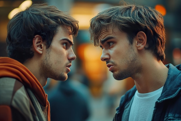 Photo young men engaged in a loud argument capturing passionate discourse in a dynamic urban environment