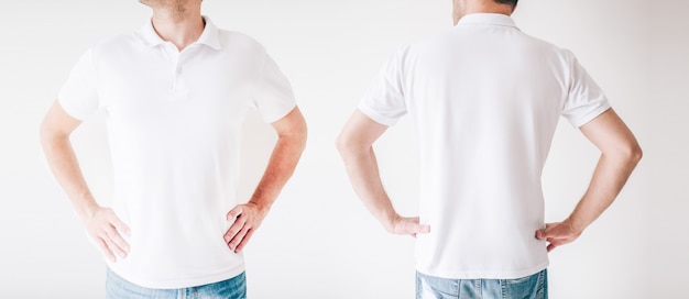 Young men isolated over white wall. Two pictures combined in one. Front and back view of same male person in white shirt holding hands on hips.