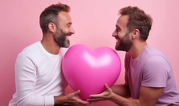 Young men lovers couple with pink heart balloon homosexual relationship LGBTQA Valentines day