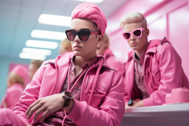 Photo young men in pink trendy modern clothes with pink glasses in the office barbie style