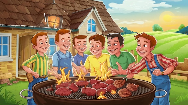 Young men roasting barbecue on grill in cottage countryside