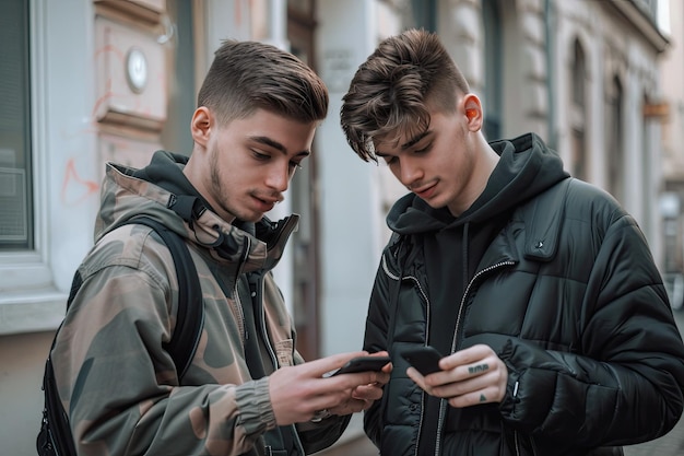 Young men together browsing a phone