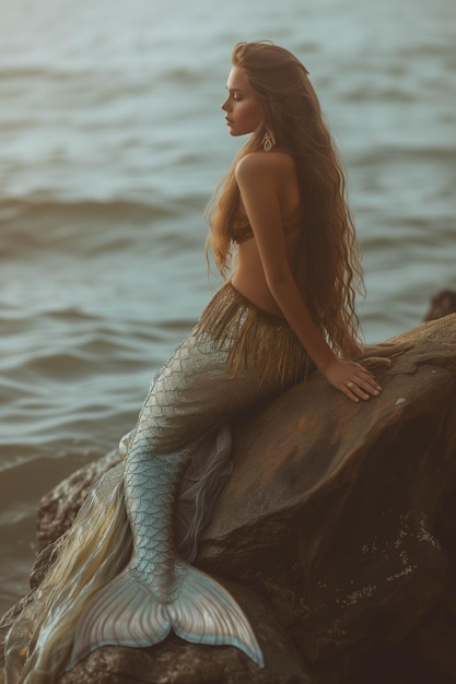 Photo young mermaid sitting on a rock on an island in the sea