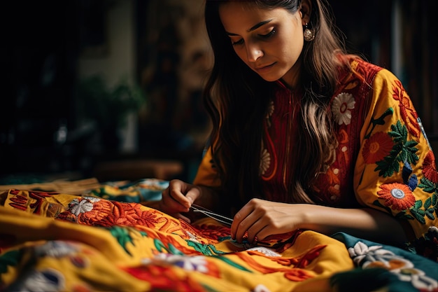 Photo young mexican woman in bright national clothes make mexican embroidery