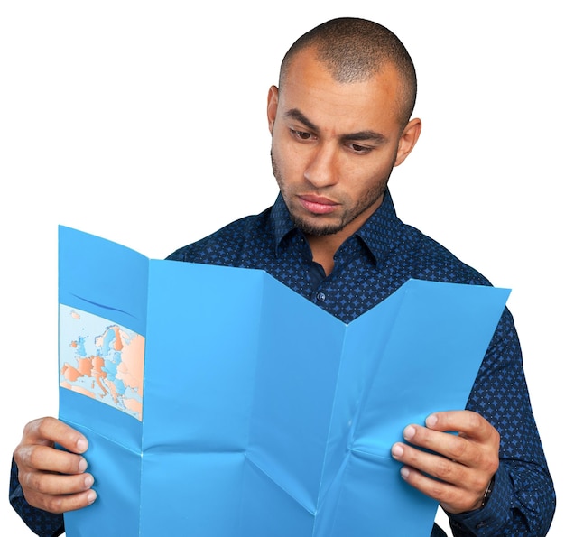 Young mixed race man with map