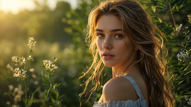 Young Model in a Field of Flowers with Her Hair Blowing in the Wind