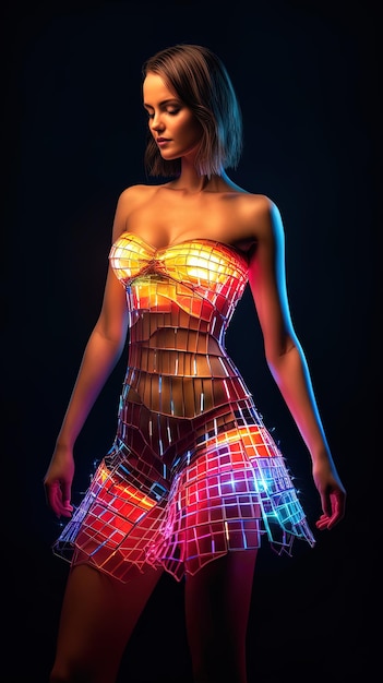 Young model wearing a futuristic glowing dress Generative AI