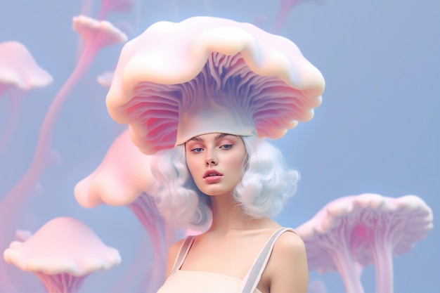 Young model woman having defile wearing extravagant mushroom like cap hat hallucination atmosphere Generative AI