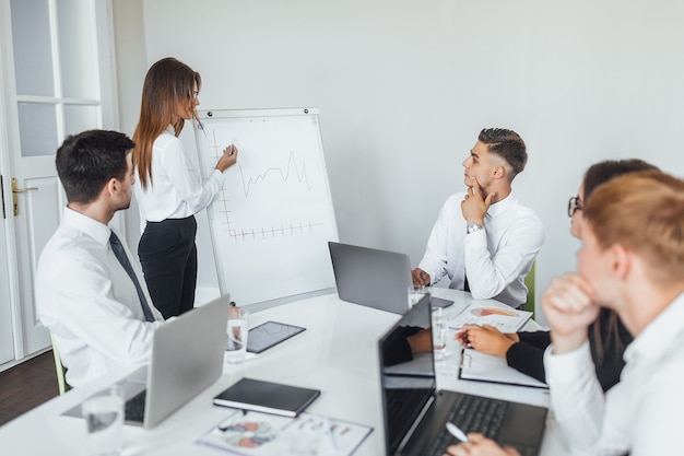 A young, modern business woman is presenting her colleagues, partners in the modern conference hall