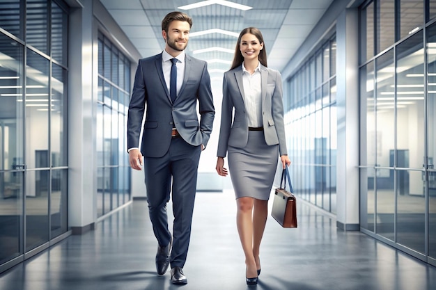 young modern businessman and businesswoman walking