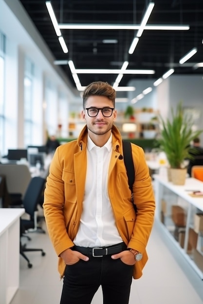 a young modern startupper is meeting with colleagues modern bright color office