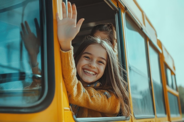 Young mom waving goodbye to happy daughter sitting in yellow school bus