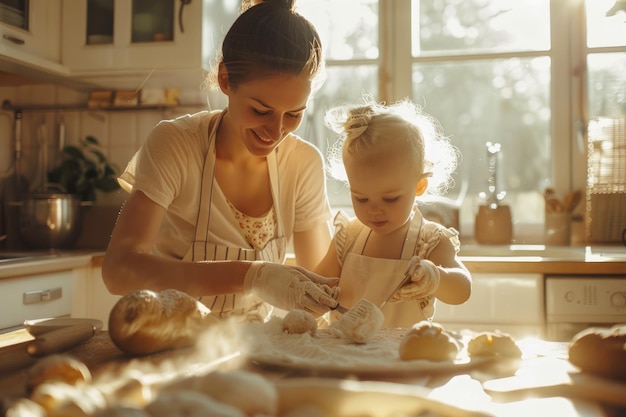 Young Mother and Child Enjoying Baking Together in a Sunny Home Kitchen with Golden Light