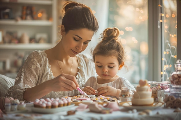 Young Mother and Child Enjoying a Sweet Cookie Decorating Session in a Warm Cozy Kitchen with Fairy