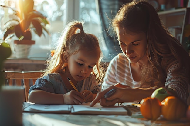 Young mother helping her daughter with homework at home