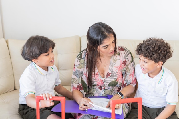 A young mother and her children preparing their backpacks for school