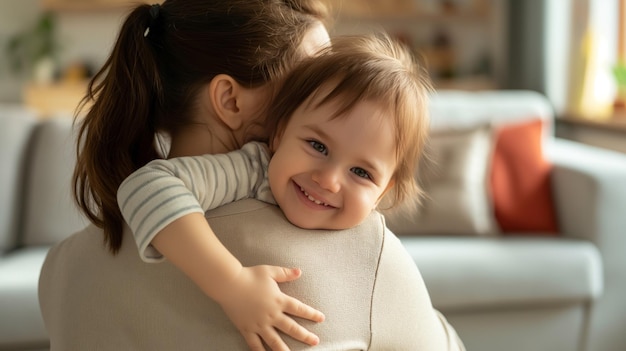 Young mother hugging her lovely kid in the home Mothers Day concept