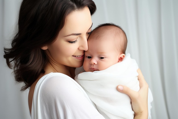 Young mother lovingly cradles her newborn baby in her arms