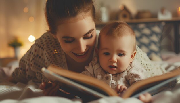 Young mother reading book to her cute little baby on bed