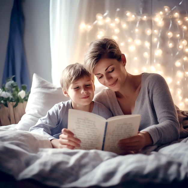 Young mother reading a Story Book with her little son