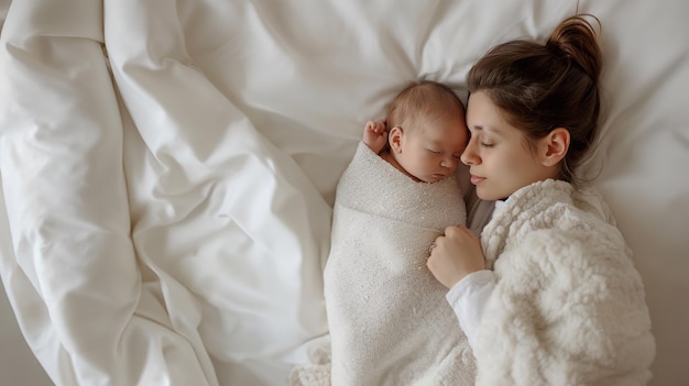 A young mother with her newborn little baby lies on white sheets on the bed top view Motherhood