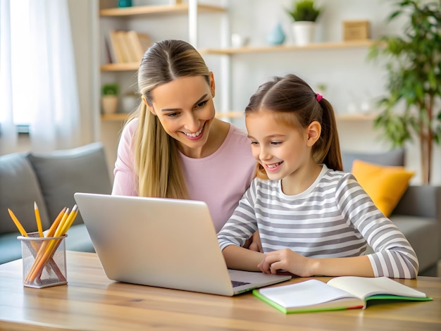 Photo young mother with her teen school girl daughter studying online class on laptop at home