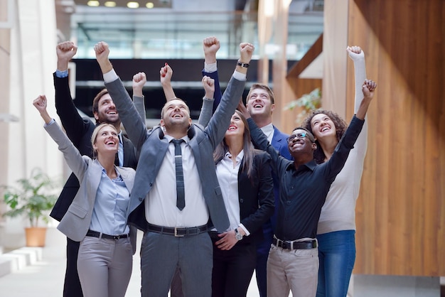 young multi ethnic business people group walking standing and top view