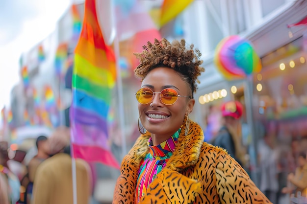 Young multiracial woman smile celebrating LGBTQ Pride Parade Generative AI