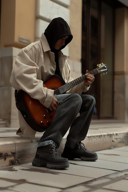 Young Musician Playing Acoustic Guitar on City Steps in Casual Attire at Dusk