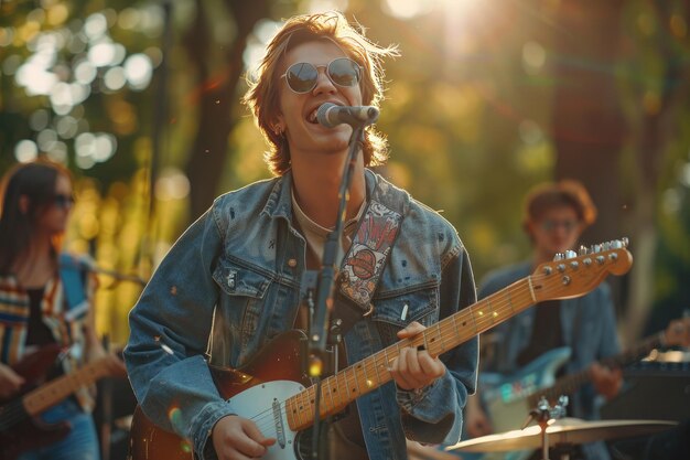 Young Musician Singing and Playing Guitar Outdoors in Sunlit Nature Setting