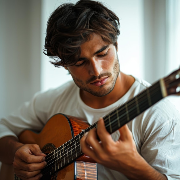 Young musician tuning a classic guitar in a casual setting